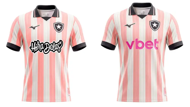 Camisa rosa do Botafogo 2026/2027 com logos de "A Hora Delas" e Vbet