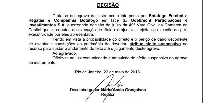 Botafogo consegue efeito suspensivo de cobrança da Odebrecht