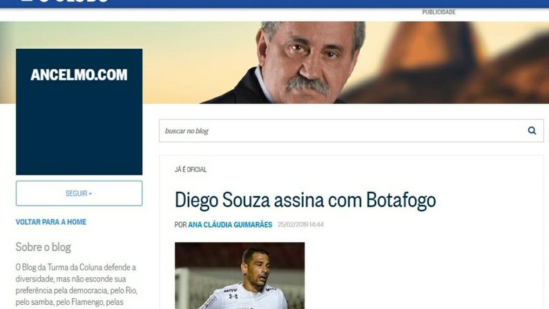 Ancelmo Gois publica acerto do Botafogo com Diego Souza e exclui logo em seguida