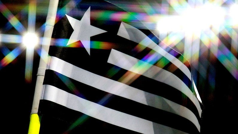 Bandeira do Botafogo na bandeirinha de escanteio do Estádio Nilton Santos