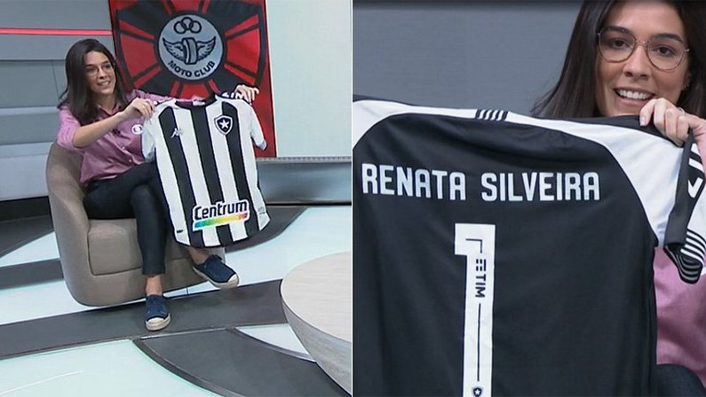 Renata Silveira recebe camisa do Botafogo durante transmissão do jogo contra o Moto Club