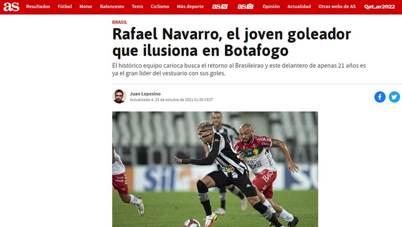 Rafael Navarro, do Botafogo, é destaque no jornal espanhol AS