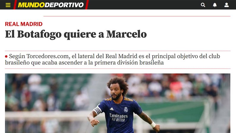 Mundo Deportivo, da Espanha, destaca interesse do Botafogo em Marcelo, do Real Madrid