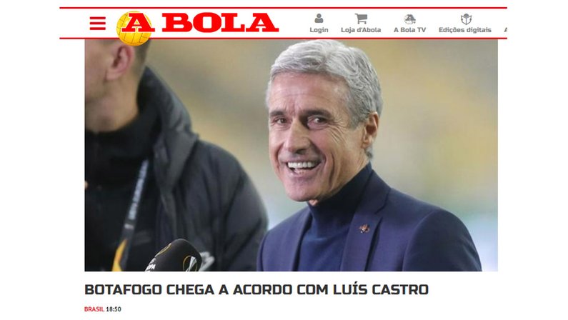 Expectativa por chegada Luís Castro ao Botafogo tem repercussão em site português