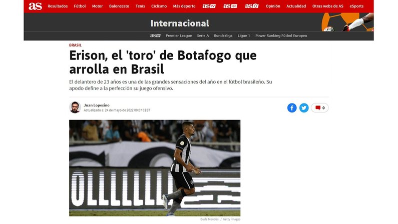 Erison ganha destaque em jornal espanhol com reportagem especial: ‘O touro do Botafogo que atropela no Brasil’