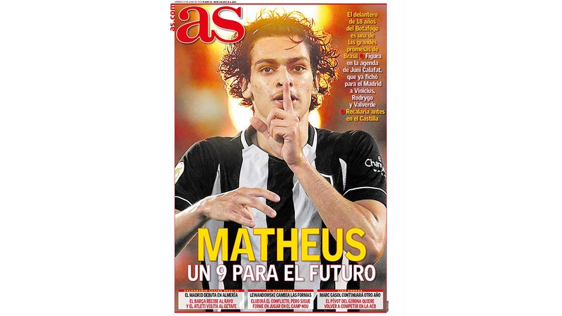 Matheus Nascimento, do Botafogo, na capa do jornal AS e na mira do Real Madrid