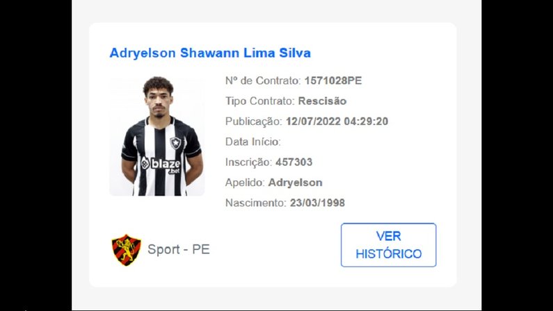 Reforço próximo: Adryelson já aparece com camisa do Botafogo no BID da CBF