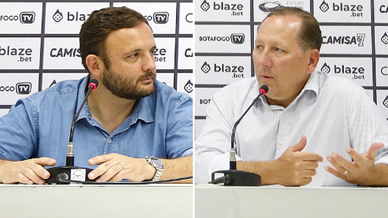 André Mazzuco e John Textor na sala de imprensa do Botafogo