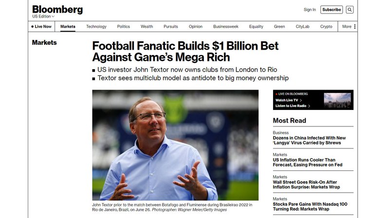 ‘Uma aposta de US$ 1 bilhão contra os megarricos’: John Textor e sua filosofia de grupo multiclubes é destaque na ‘Bloomberg’