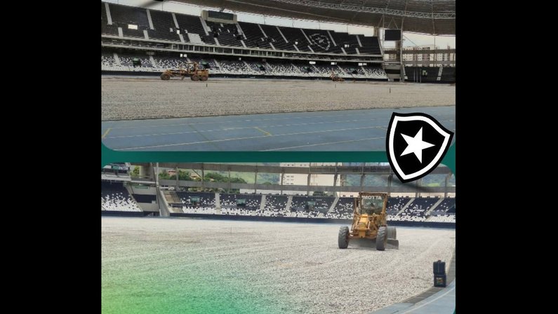 Empresa divulga fotos de mais uma etapa das obras para instalação de grama sintética no estádio do Botafogo